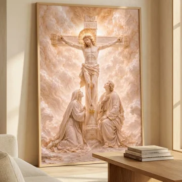 Quadro de crucifica&ccedil;&atilde;o em m&aacute;rmore e ouro